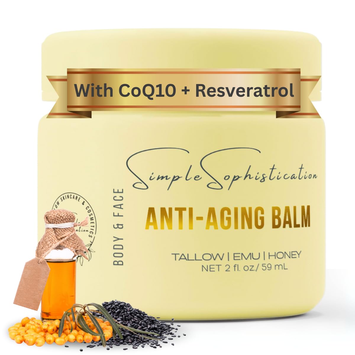 Simple Sophistication Tallow Emu Honey Balm jar front, nourishing moisture on display