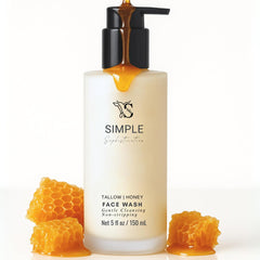 Simple Sophistication Tallow Honey Cleansing Milk bottle pour for gentle cleansing on sensitive skin.