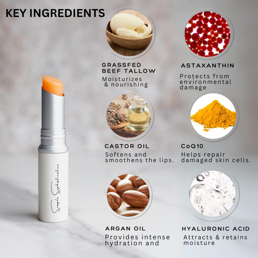 Application close-up of Simple Sophistication Tallow Lip Balm for deep hydration.