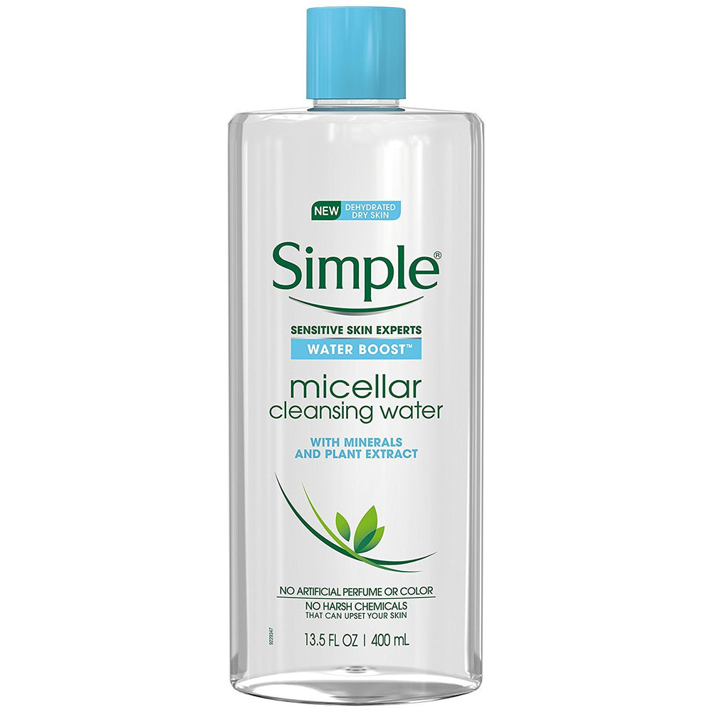 Simple Water Boost micellar cleansing water bottle showing hydration while cleansing