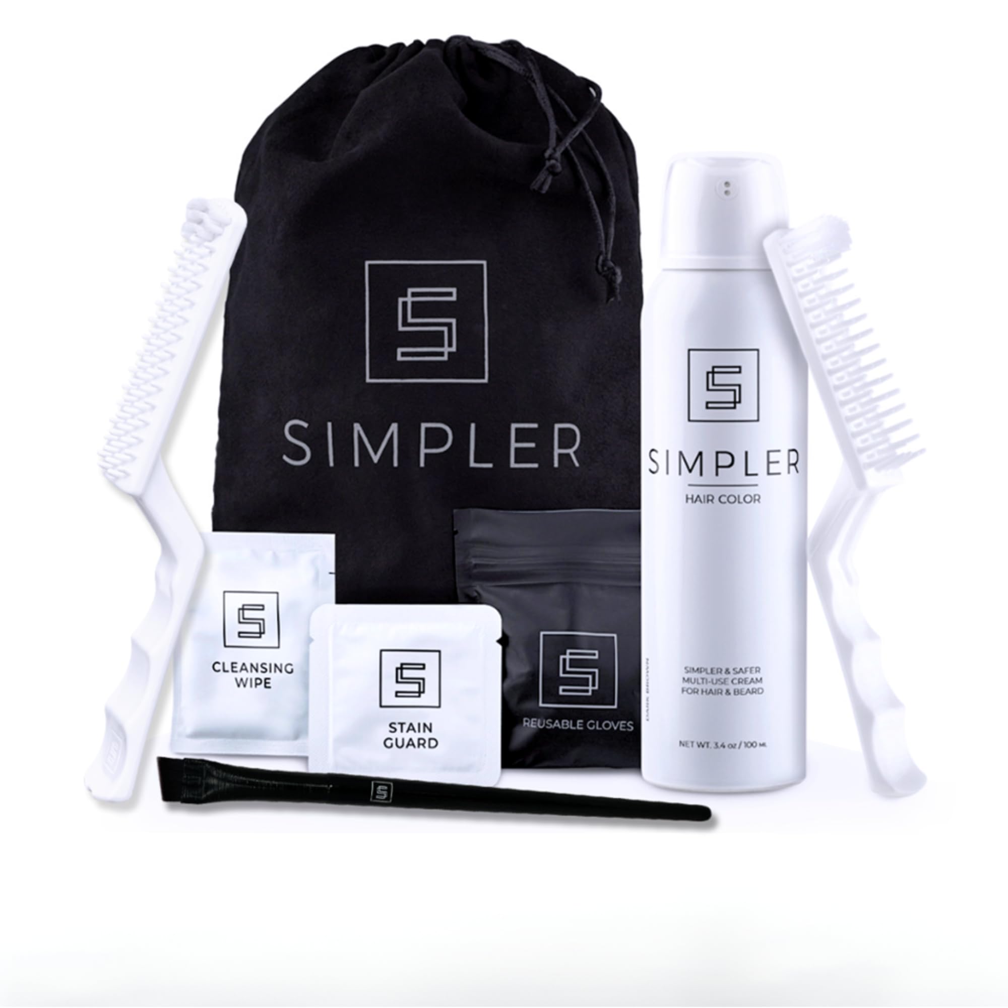 SIMPLER HAIR COLOR dark brown mustache brush kit for seamless beard coverage.