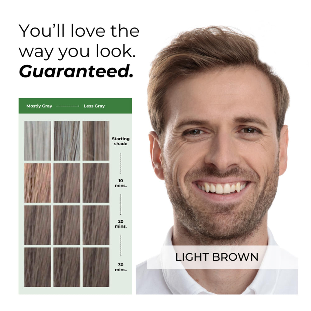 SIMPLER Hair Color Light Brown before-after demonstrates natural-looking results.