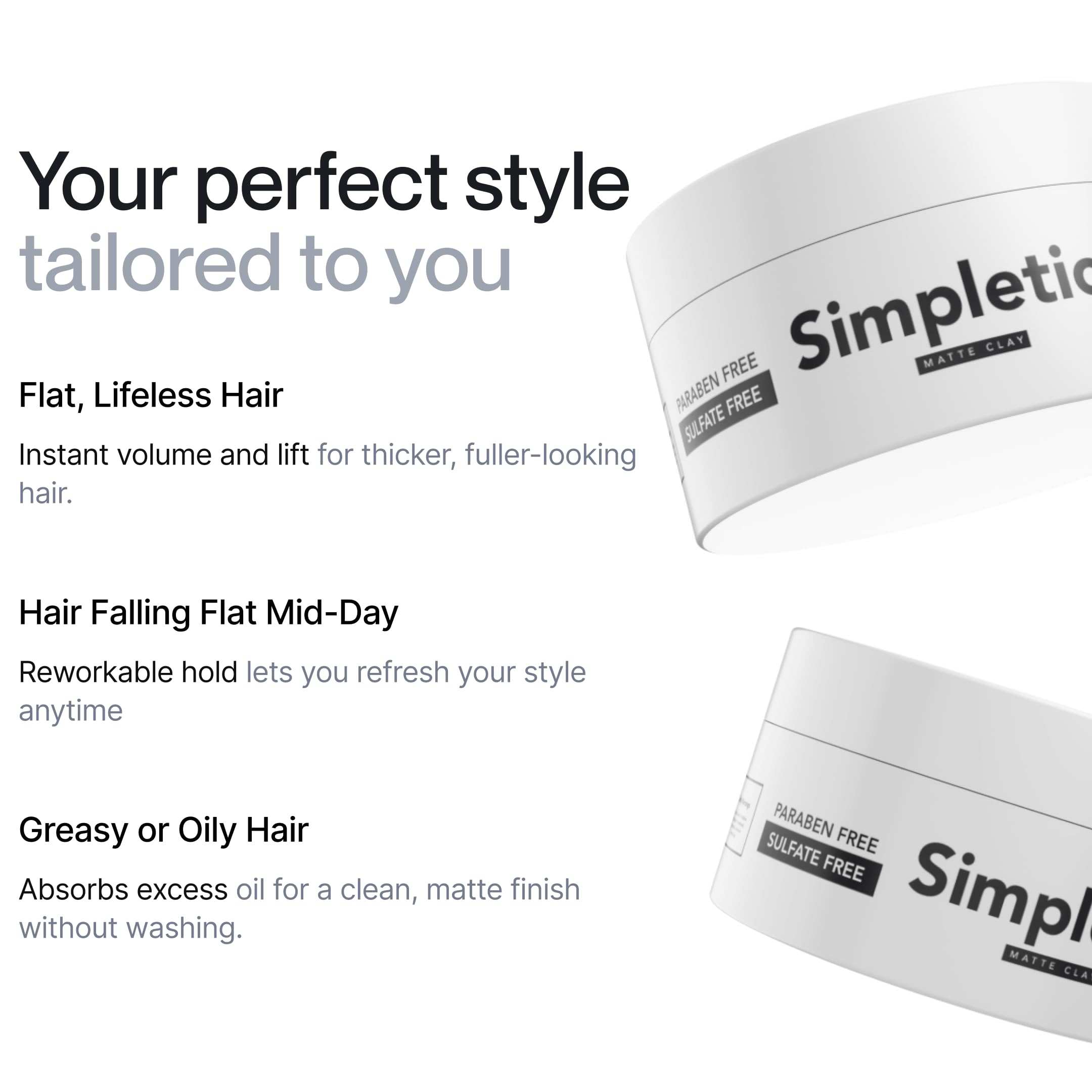Simpletics Hair Clay Strong Hold demonstrates durable style without weight.