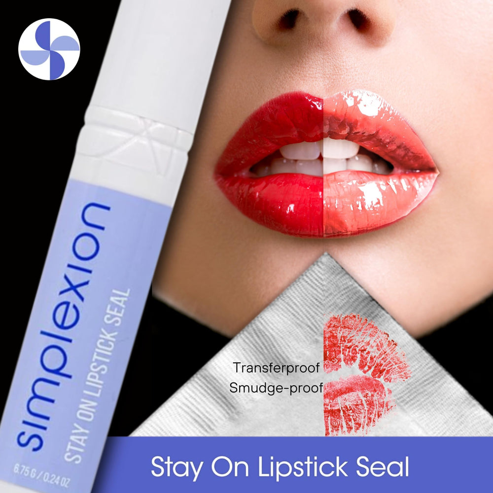 Simplexion Stay On Lipstick Seal demonstrates clear finish over lipstick