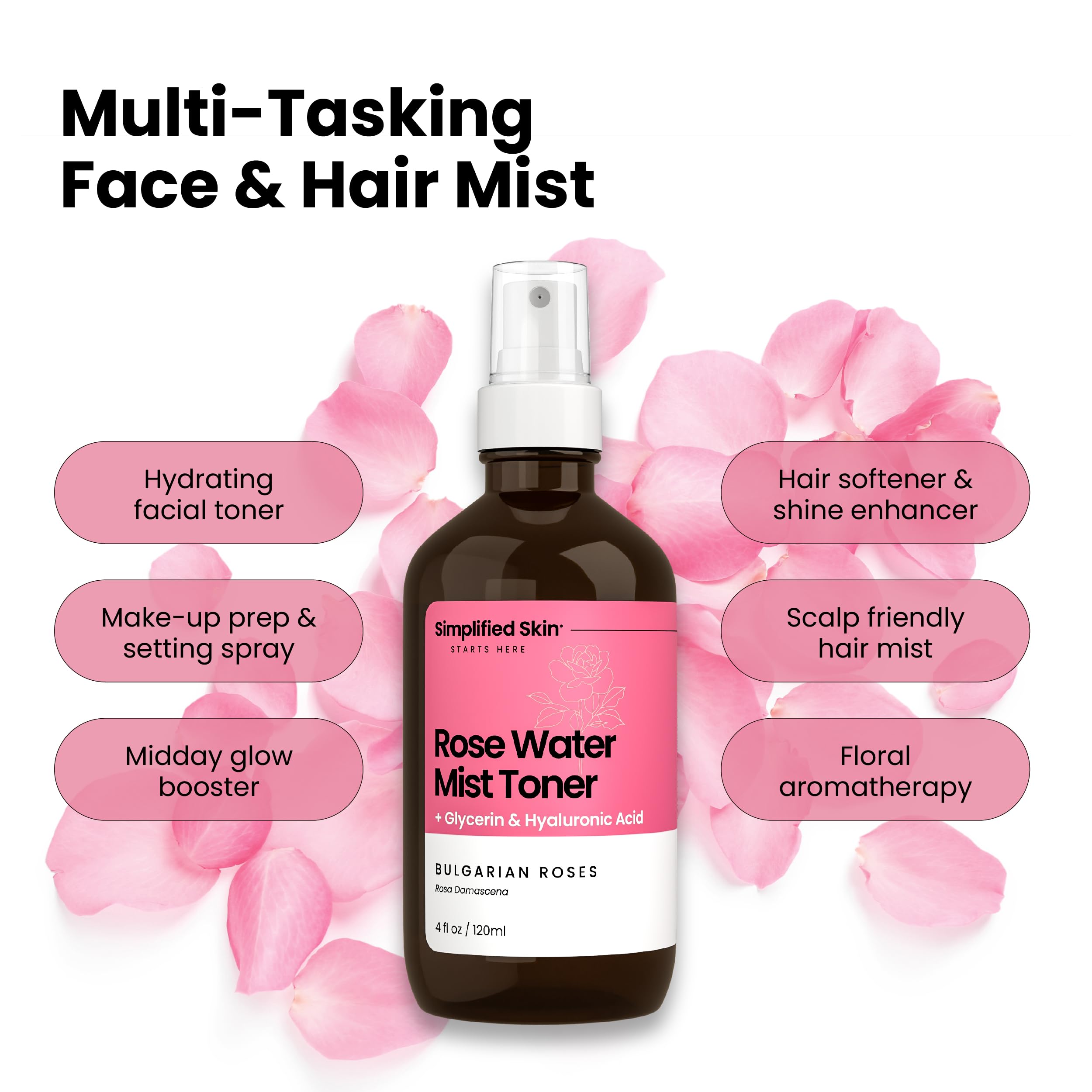 Face shot featuring Simplified Skin Rosewater Spray for even tone.