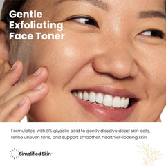 Close-up of Simplified Skin glycolic toner label highlighting 8% exfoliation.