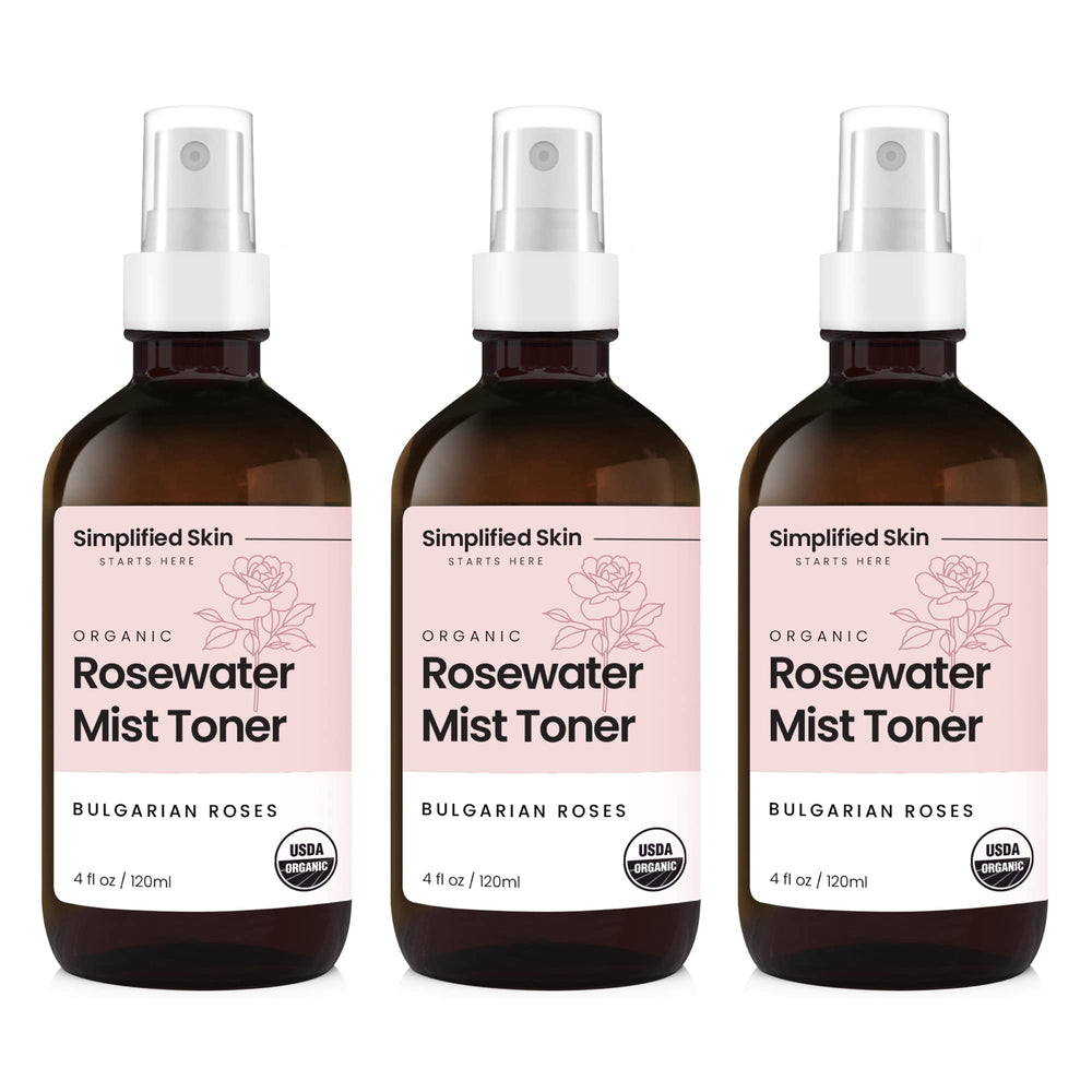Simplified Skin Rose Water Spray bottle for refreshing face and hair hydration.