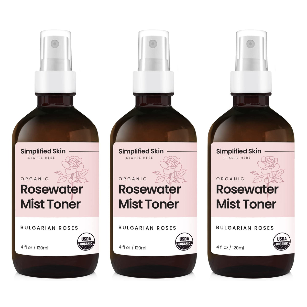 Simplified Skin Rose Water Spray bottle for refreshing face and hair hydration.