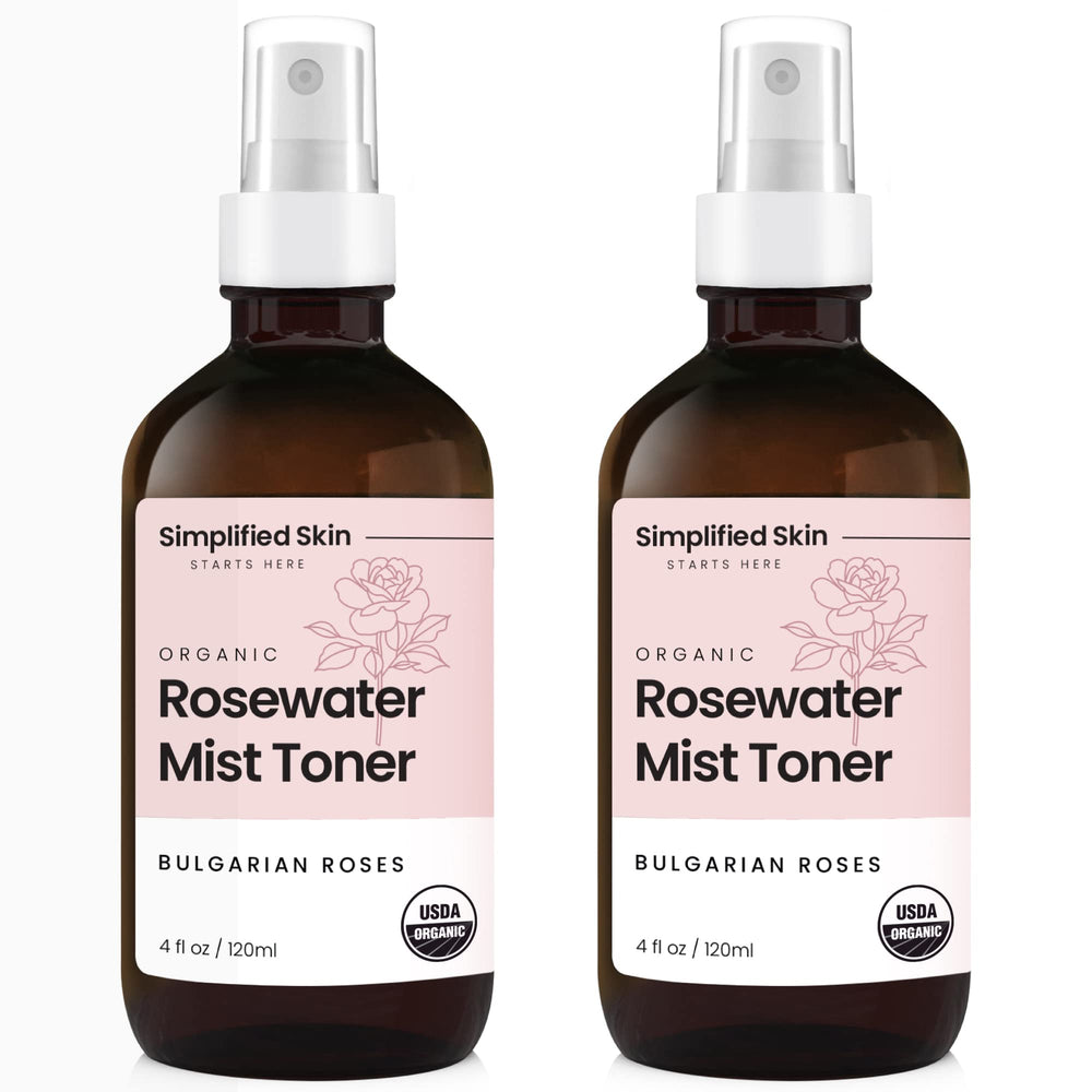 Simplified Skin rosewater spray bottle closeup for soothing hydration.