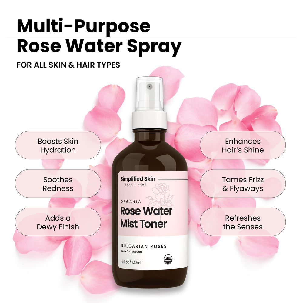 Simplified Skin rosewater spray face application for balanced, radiant skin.