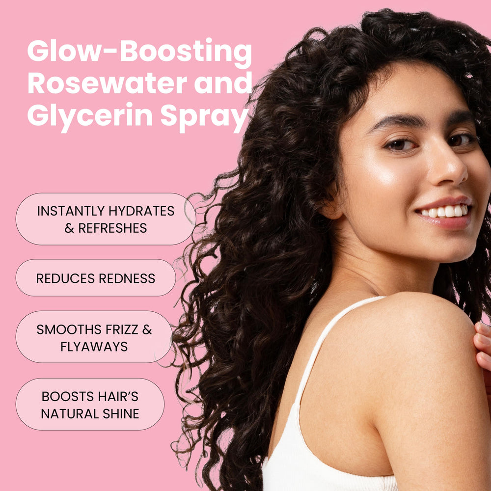 Hair-use rosewater spray by Simplified Skin to hydrate hair.