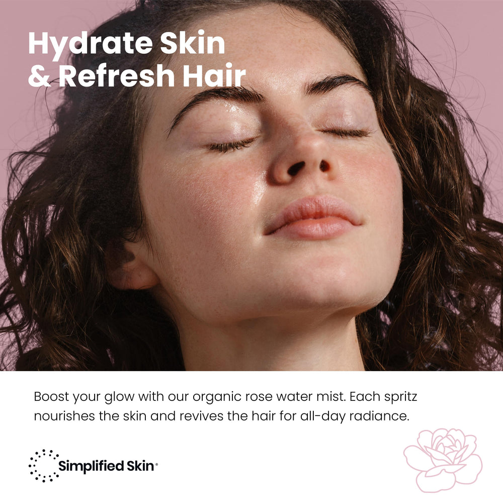 Simplified Skin rosewater spray mist captures a refreshing aroma and fine mist.