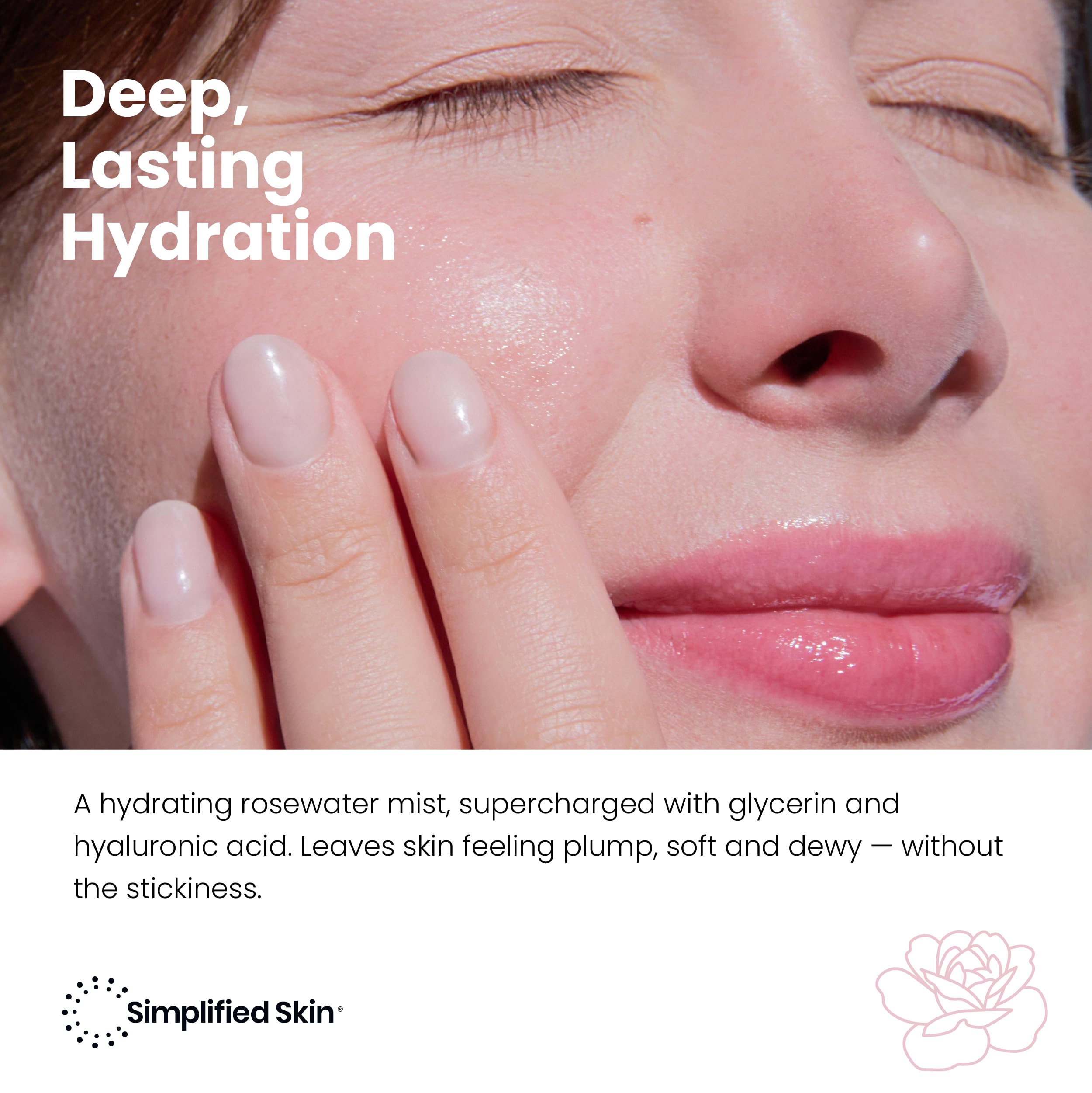 Close-up of Simplified Skin Rosewater Spray mist application on skin.
