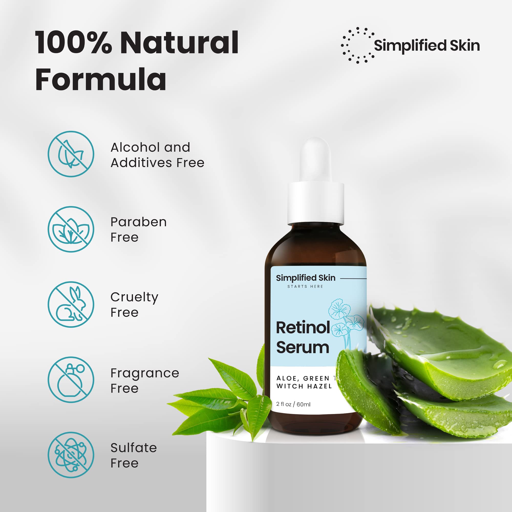 Simplified Skin serum label close-up highlighting 2.5% retinol and bio-active ingredients.