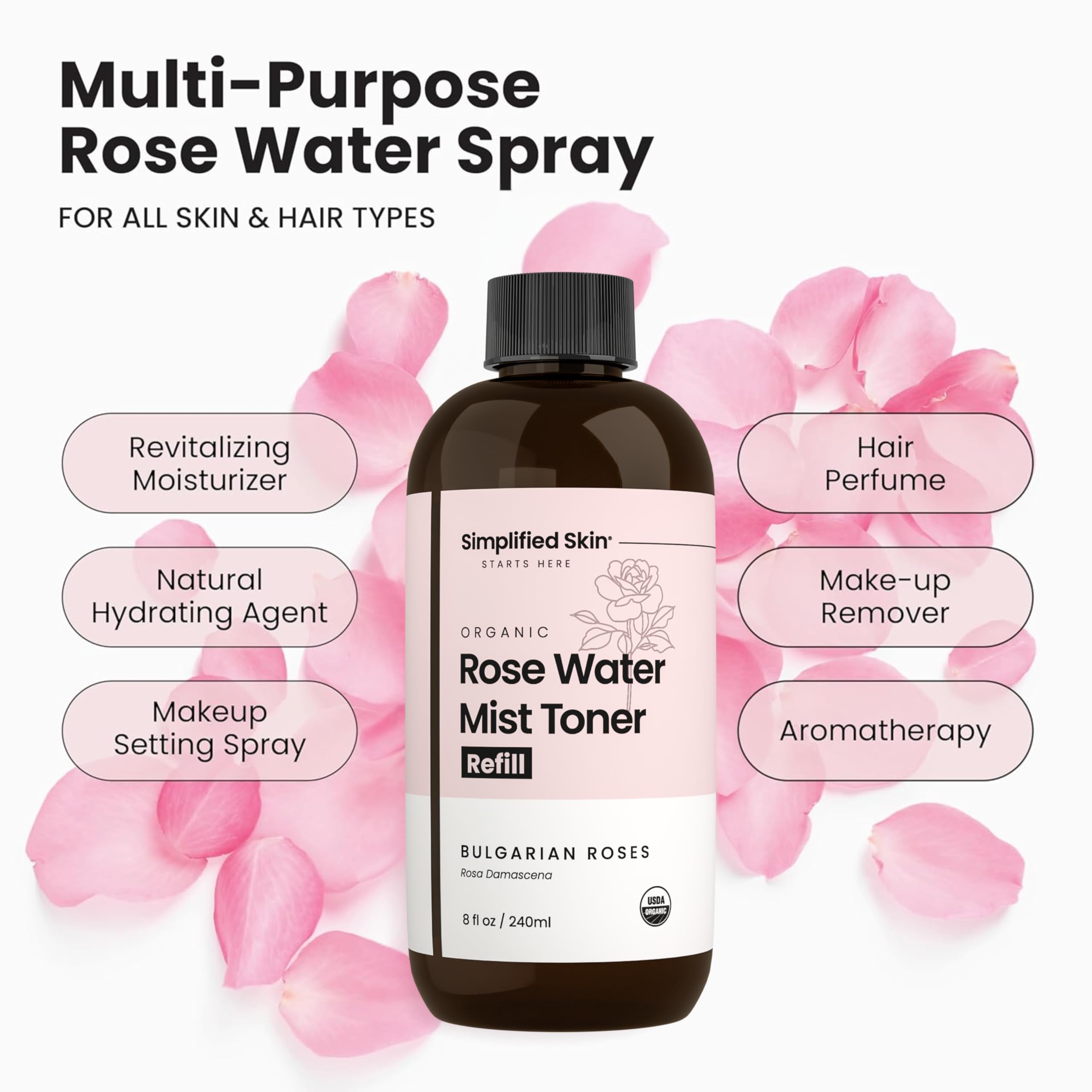 Simplified Skin Organic rose water ingredients label close-up showing natural sourcing.