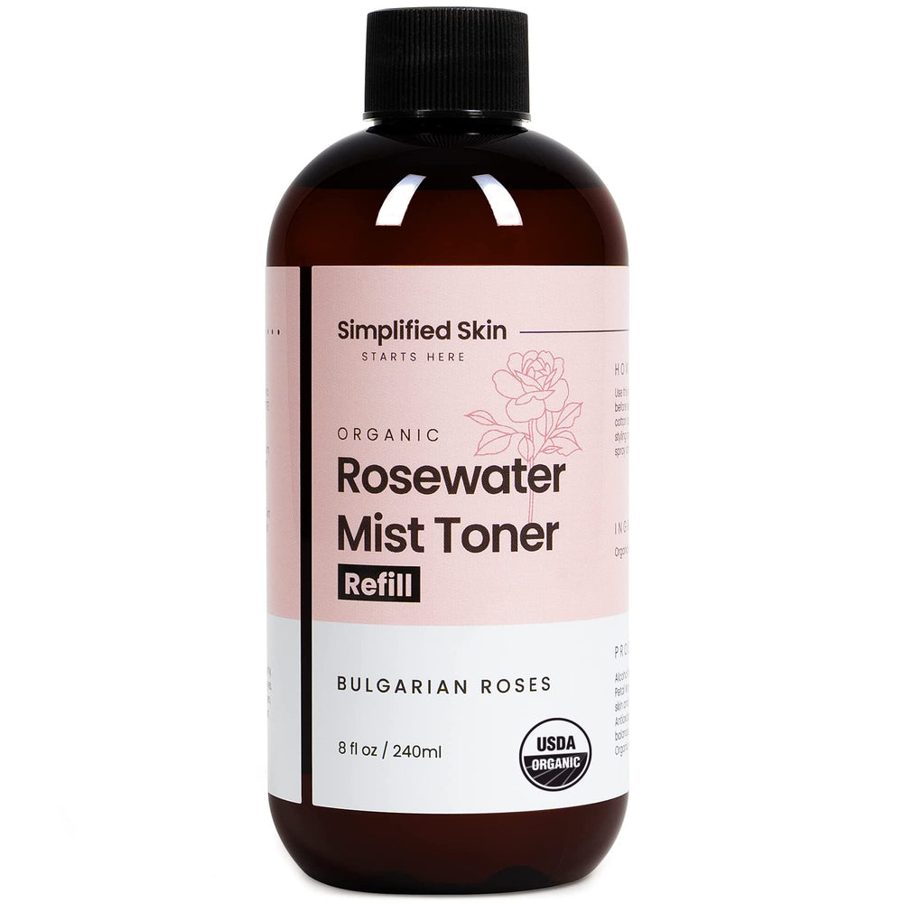 Simplified Skin Rose Water Spray bottle close-up for refreshing facial hydration.