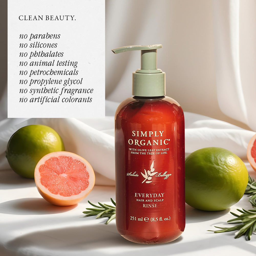 SIMPLY ORGANIC Olive and Jojoba oils ingredients highlight nourishment without weighing hair down.