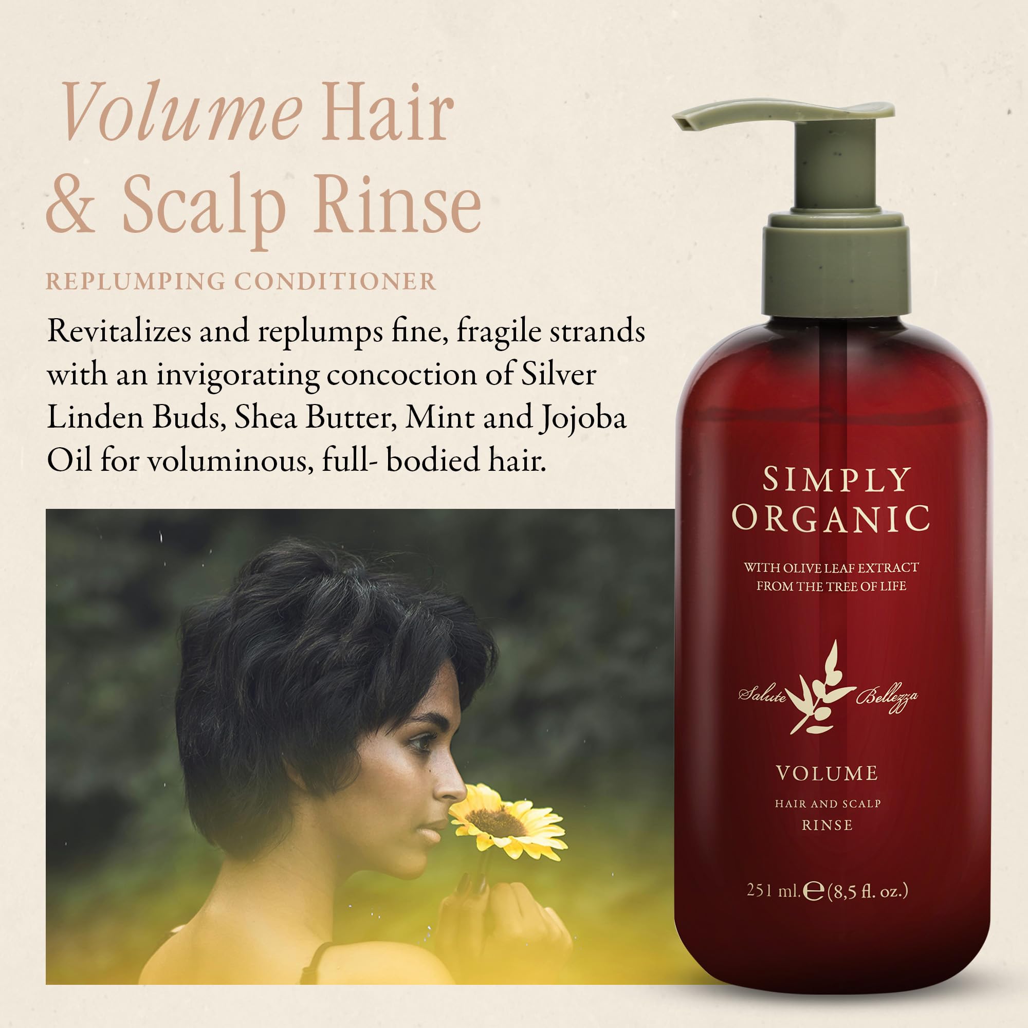 SIMPLY ORGANIC Silver Linden Buds extract close-up promoting plump, voluminous strands.