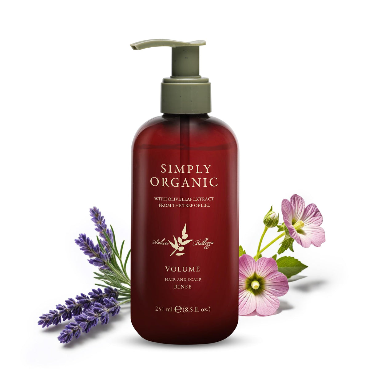 SIMPLY ORGANIC Volume bottle pour—lightweight rinse for fine hair.
