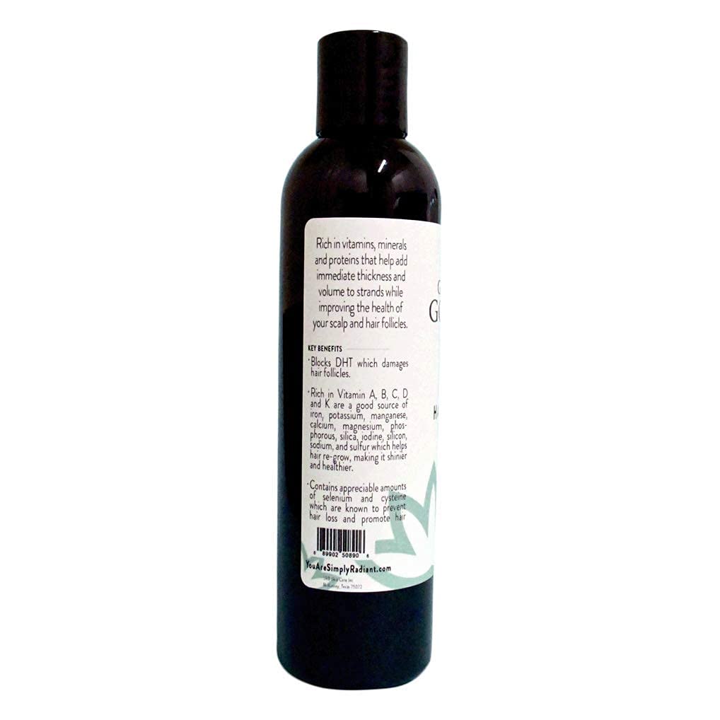 Glimmer Goddess ingredient lineup close-up shows natural actives for scalp health