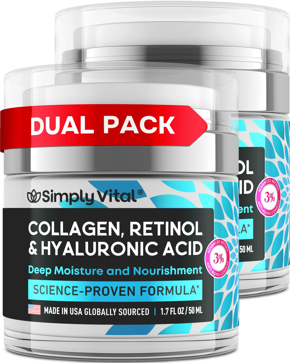 SimplyVital anti-aging cream bottle showing USA-made formula for daily hydration