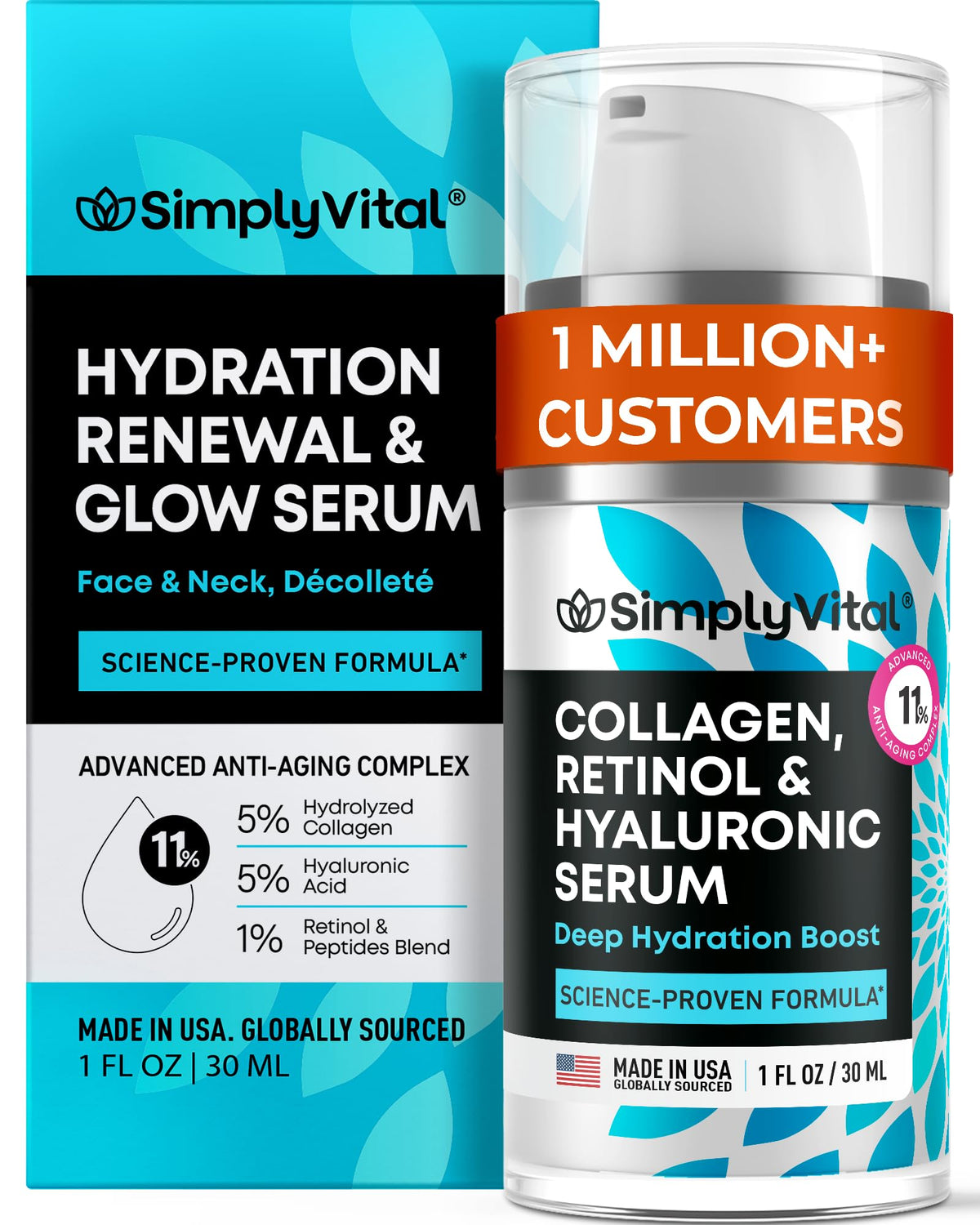 SimplyVital Collagen Retinol Hyaluronic Serum bottle for deep facial hydration.