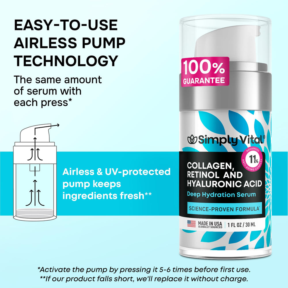 Airless pump on SimplyVital serum for precise dispensing and minimal waste.