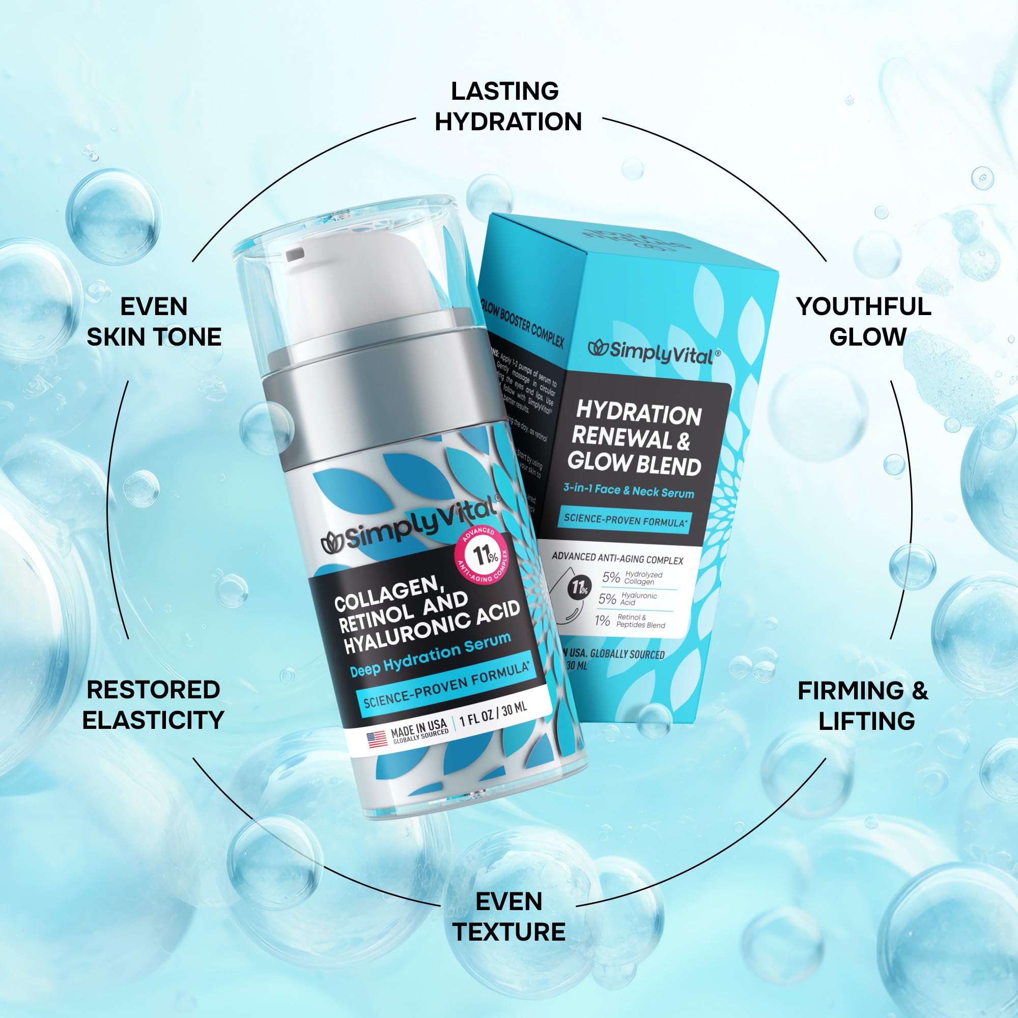 Close-up of ingredients in SimplyVital serum highlighting collagen and peptides.