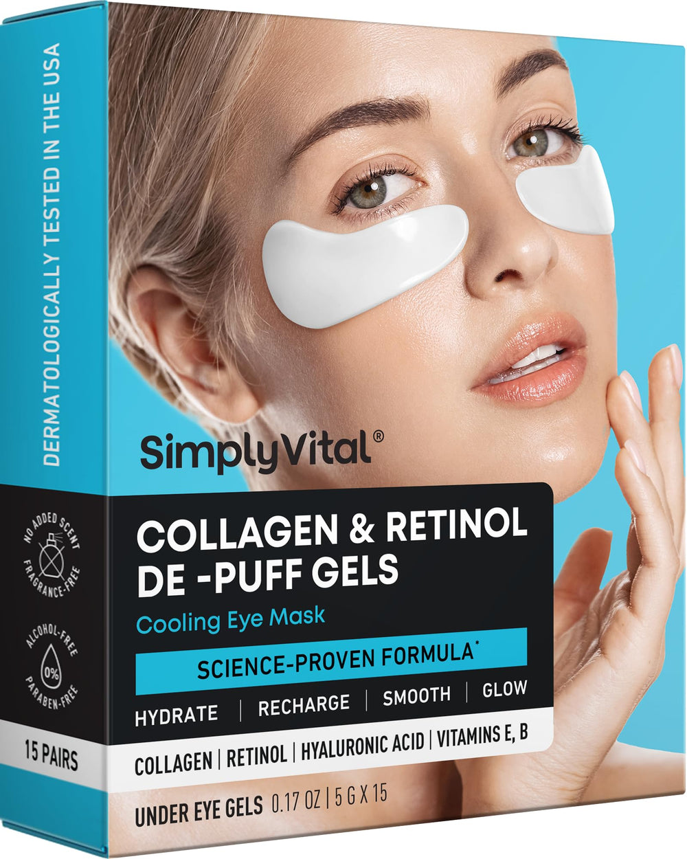 SimplyVital Under Eye Patches cooling effect soothes puffy eyes for a refreshed look.