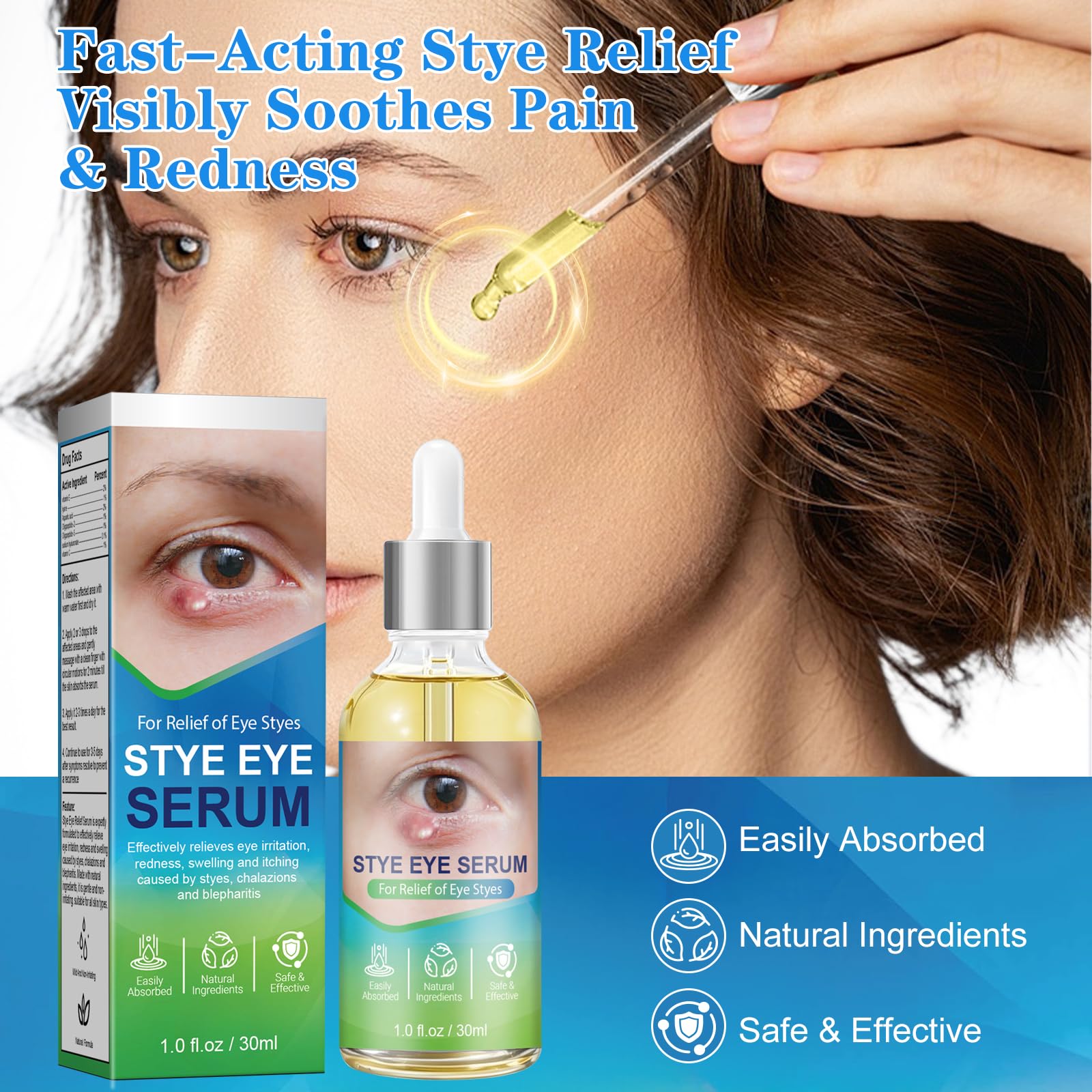 sinBron Stye Relief Serum dropper applies gentle relief to lids.