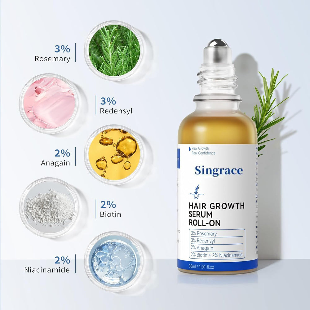 Singrace Hair Growth Serum ball-head application highlights targeted care for sparse areas.
