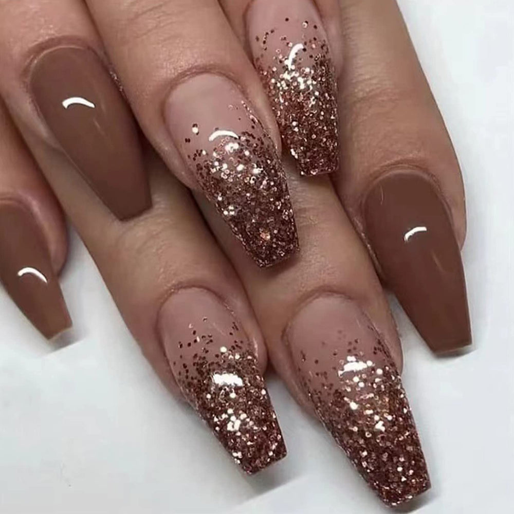 SINHOT coffin press on nails in medium ballerina shape with glossy brown gradient for a chic look.