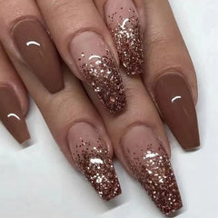 SINHOT coffin press on nails in medium ballerina shape with glossy brown gradient for a chic look.