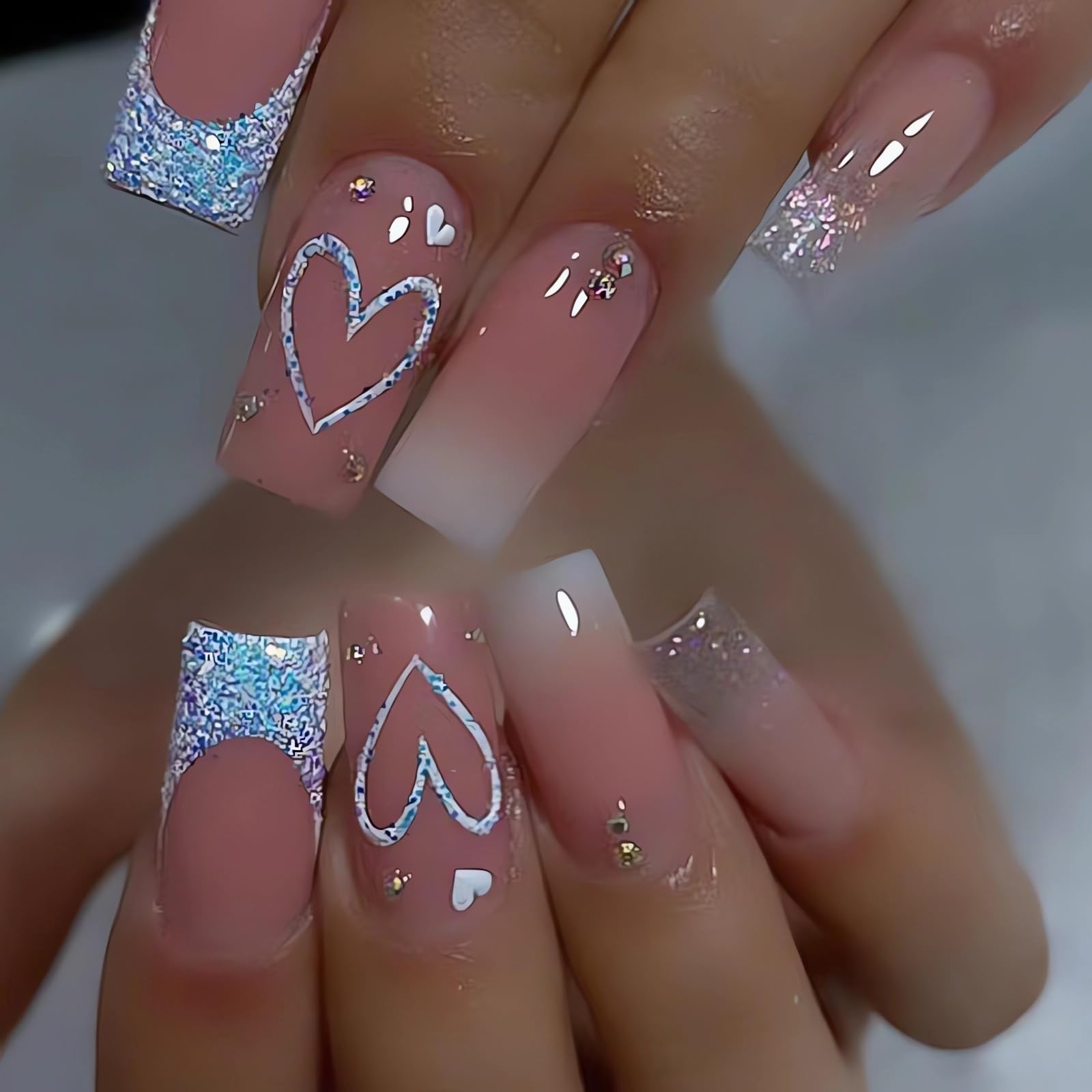 SINSEN glossy pink square nails with heart design for a polished everyday look