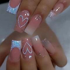 SINSEN glossy pink square nails with heart design for a polished everyday look