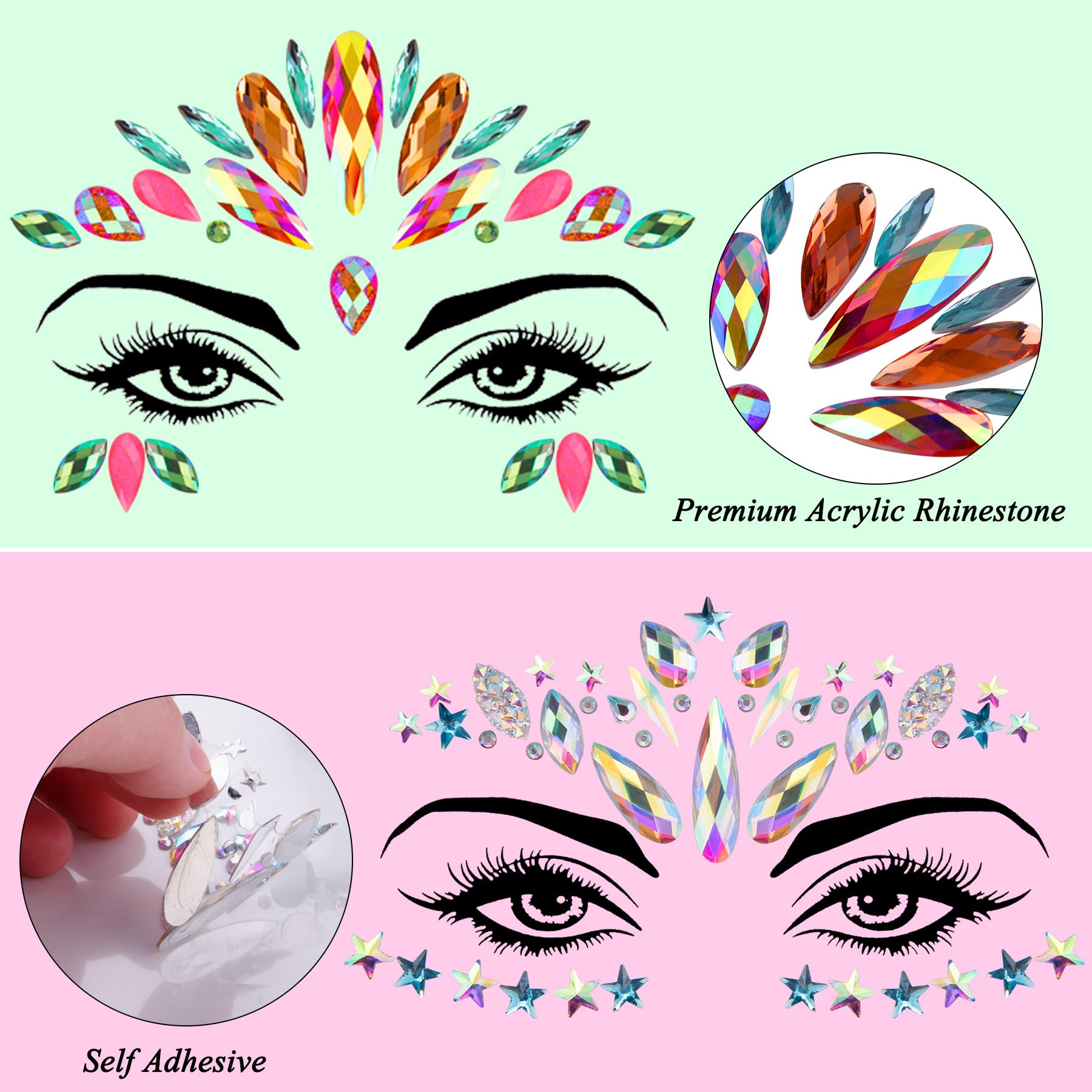Close-up of SIQUK rhinestone face stickers on skin