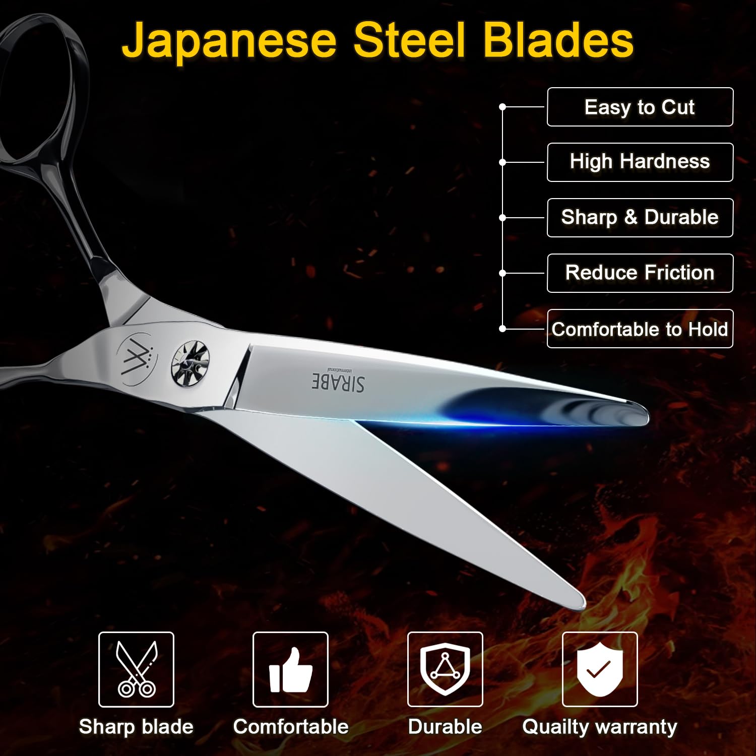 Sirabe ergonomic curved-handle scissors reduce hand fatigue during long sessions.