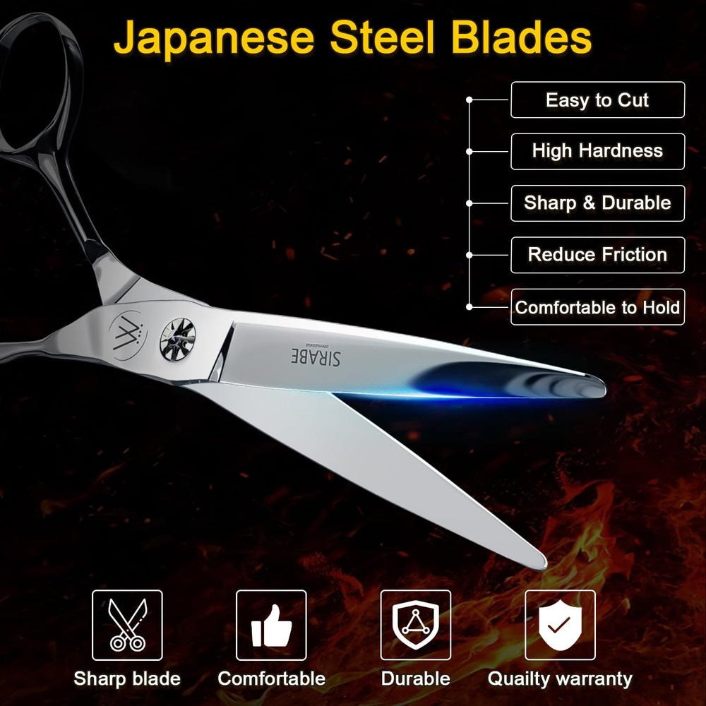 Sirabe ergonomic curved-handle scissors reduce hand fatigue during long sessions.