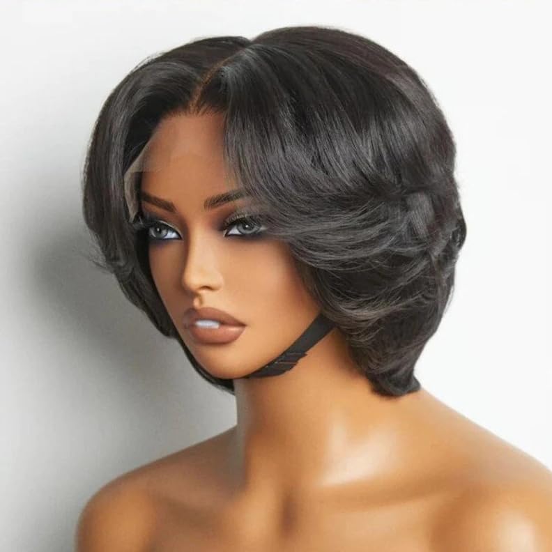 SisBroSis pixie cut straight wig closeup highlights smooth texture and easy maintenance