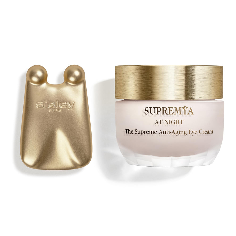 Sisley Paris Supremya Night Eye Cream packaging shows premium care for fine lines and puffiness.