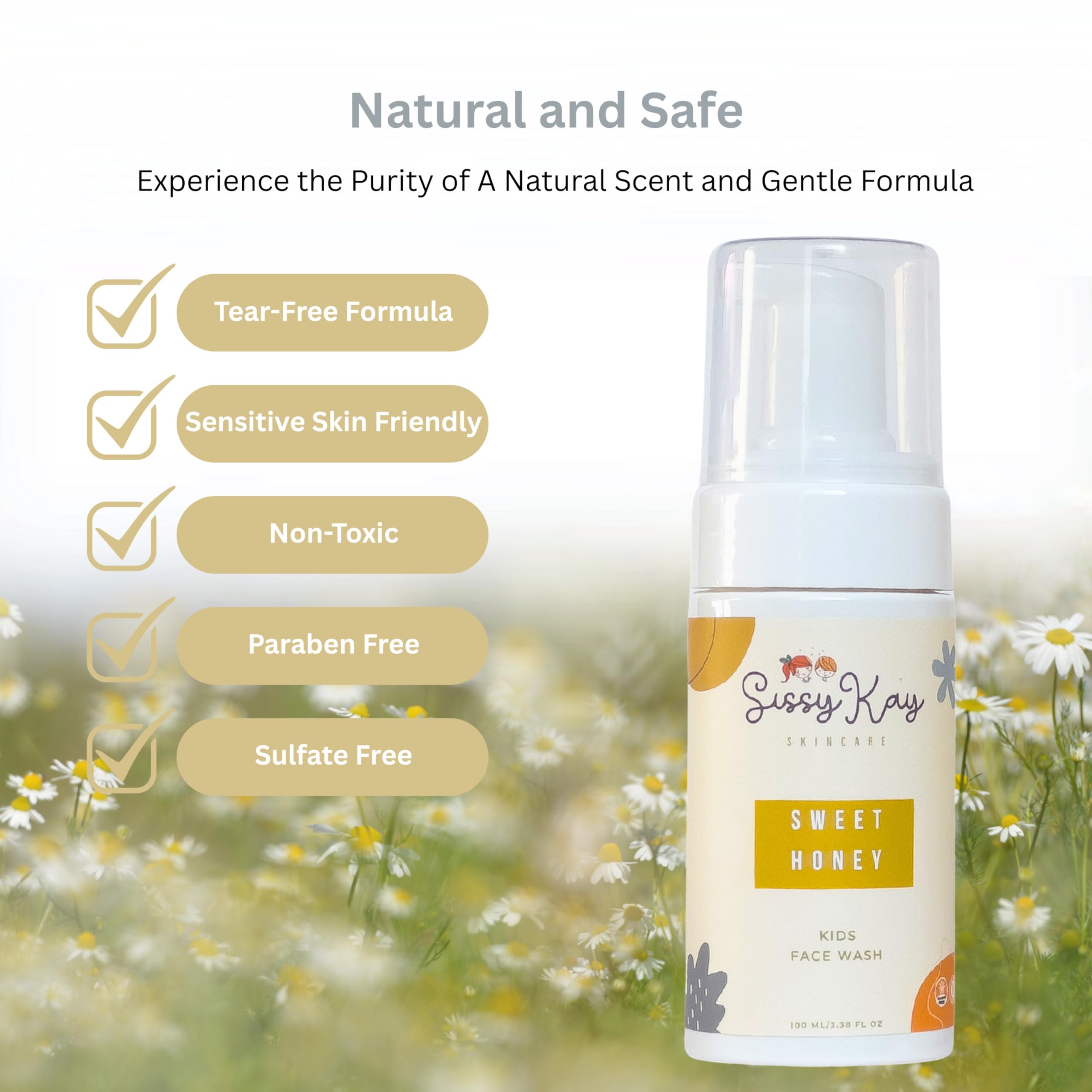 Sissy Kay honey cleanser bottle with kid-friendly formula and honey aroma.