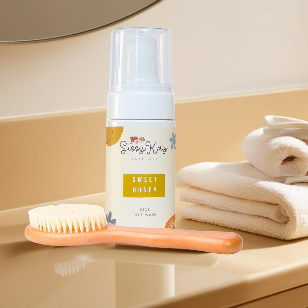 Sissy Kay kids skincare routine pump promotes independent washing.