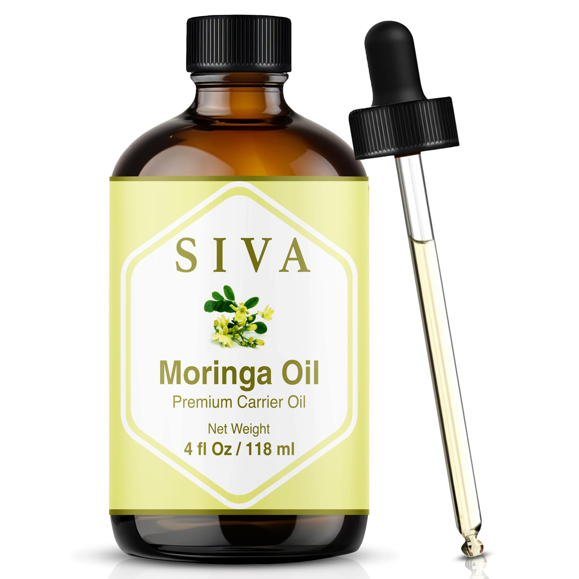 SIVA Moringa Oil 4oz bottle with dropper for easy skin and hair application.