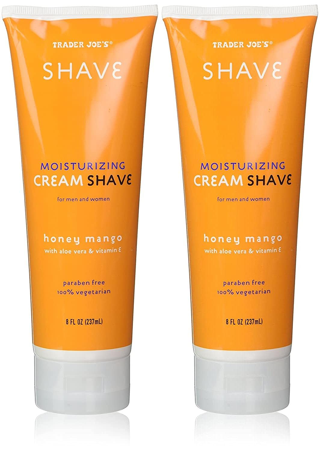 Sixyear Trader Joe's Honey Mango Shave Cream bottle for smooth, hydrated shaves with aloe vera