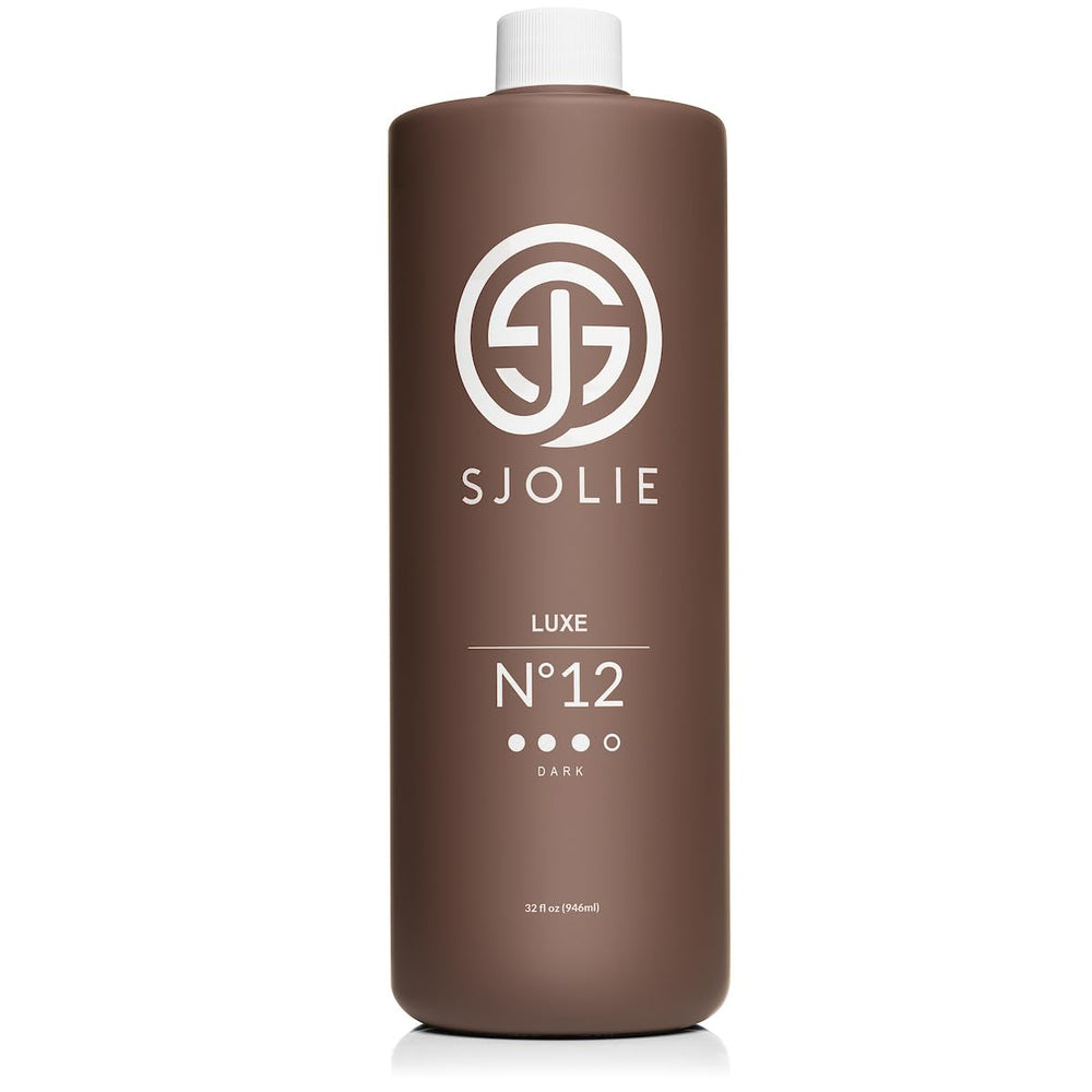 SJOLIE Luxe12 bottle shows a premium sunless solution for a natural home tan