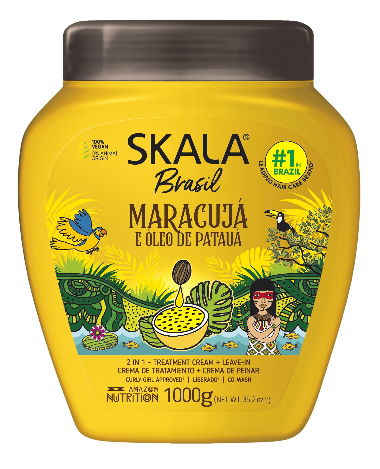 Pouring bottle of SKALA Mais Cachos 2-in-1 cream for leave-in or rinse-out use.