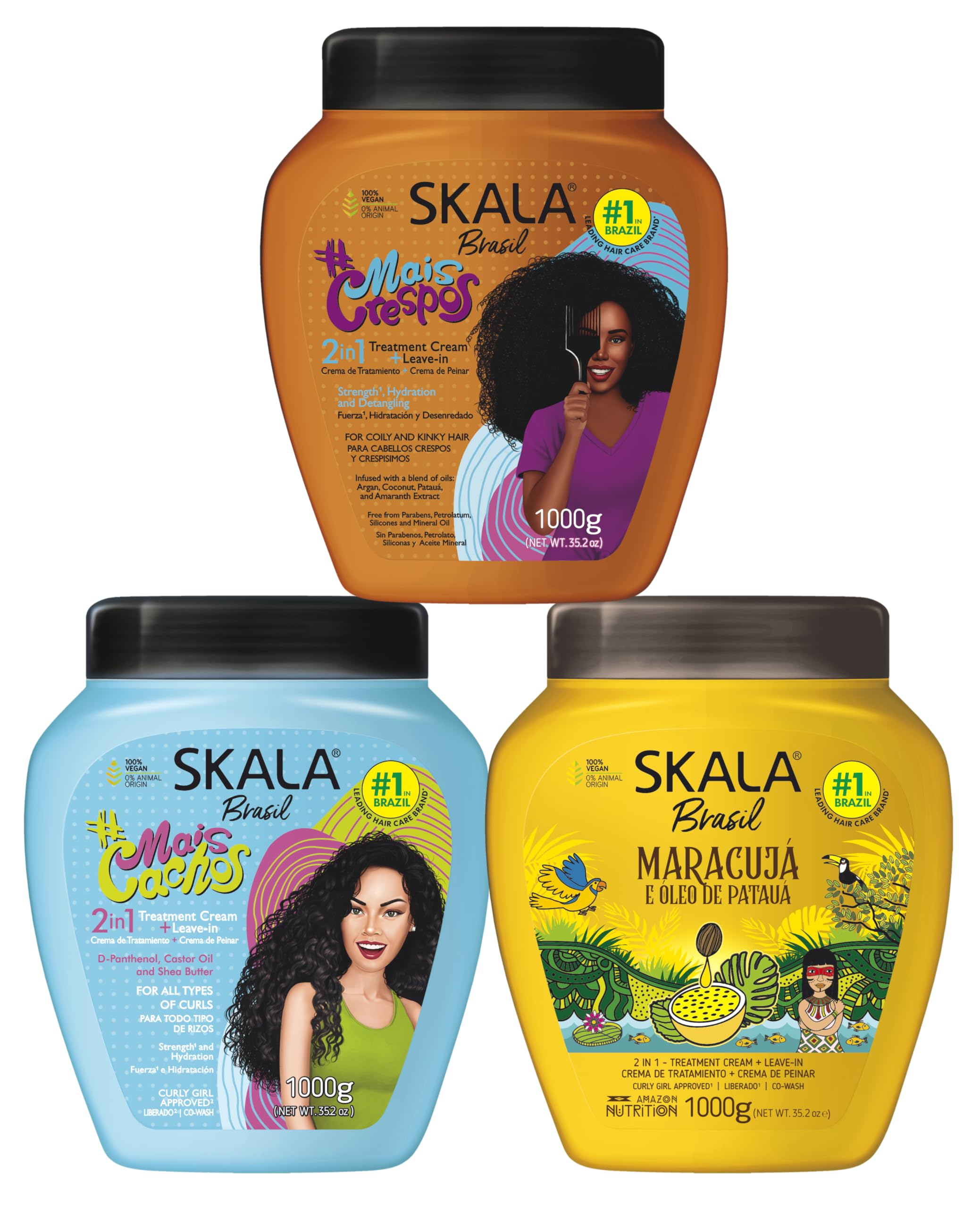 SKALA Mais Cachos pack shot showing the 3-pack bundle for curly hair care.