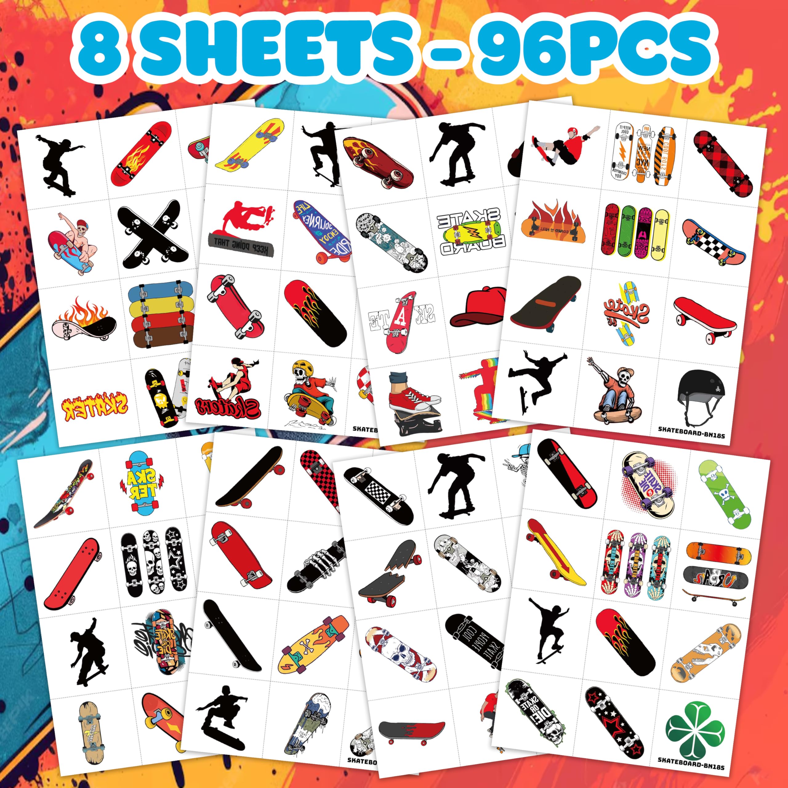 96PCS skateboard tattoos on sheet designs with helmets and ramps.