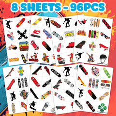 96PCS skateboard tattoos on sheet designs with helmets and ramps.