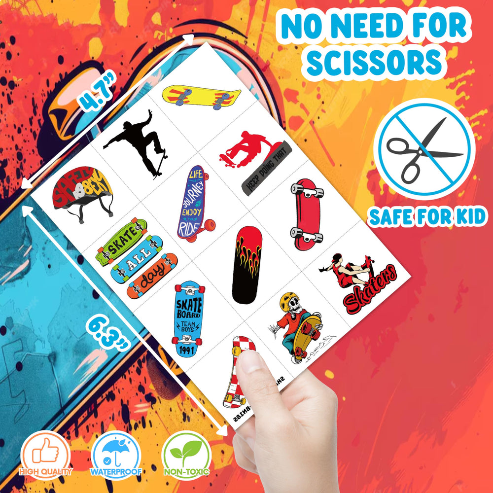 96PCS skateboard tattoos—pre-cut designs simplify sharing and distribution.